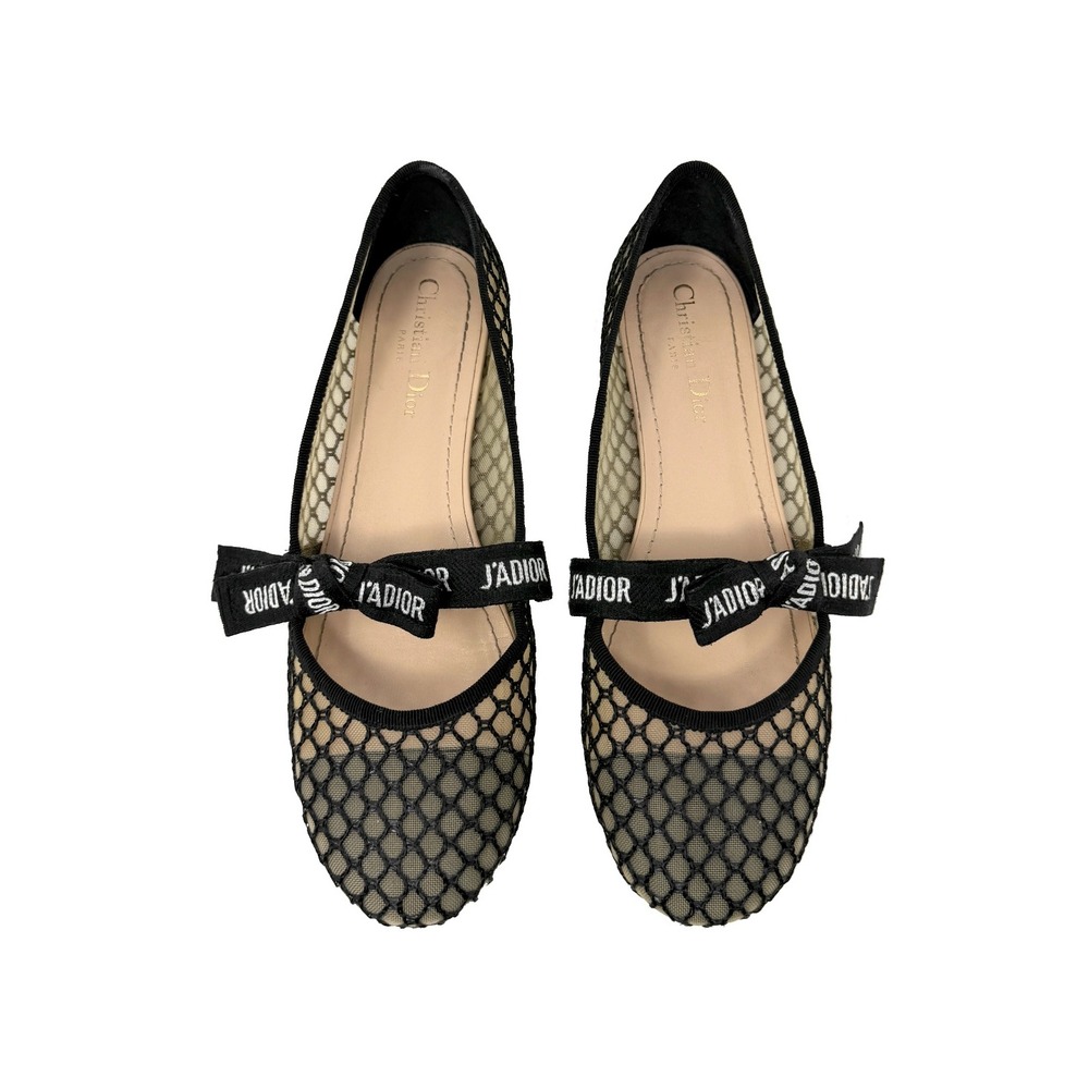Dior Black Mesh Ballet Flats Ribbon Logo‎ Designer Flats 39.5